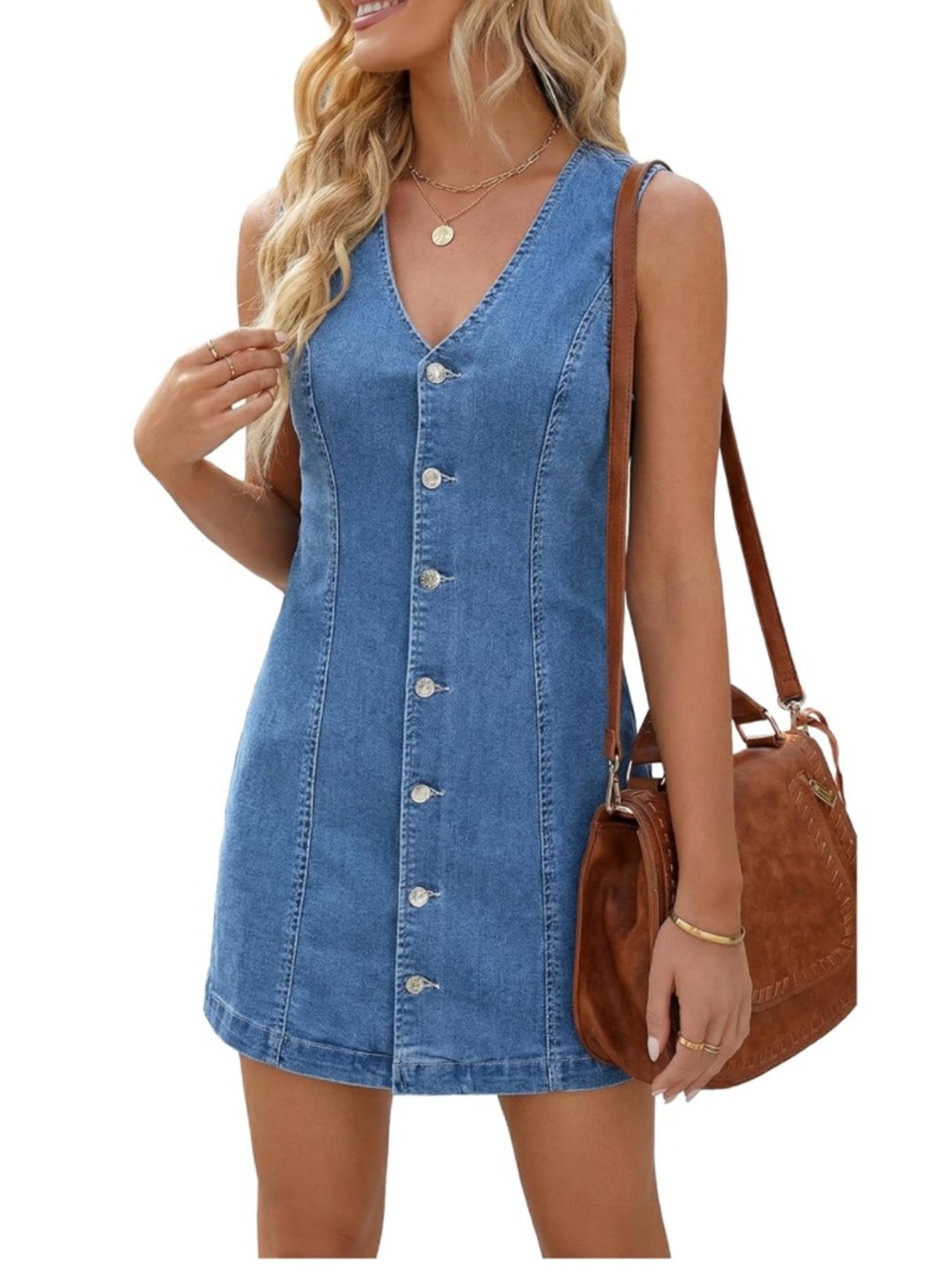 NWT Sleeveless V-Neck Denim Button-Front Mini Dress in Blue